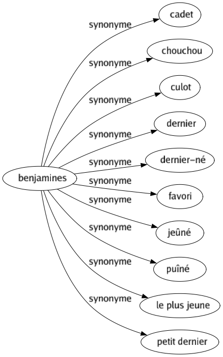 Synonyme de Benjamines : Cadet Chouchou Culot Dernier Dernier-né Favori Jeûné Puîné Le plus jeune Petit dernier 