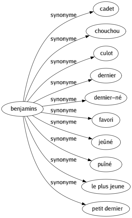 Synonyme de Benjamins : Cadet Chouchou Culot Dernier Dernier-né Favori Jeûné Puîné Le plus jeune Petit dernier 