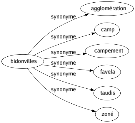 Synonyme de Bidonvilles : Agglomération Camp Campement Favela Taudis Zoné 