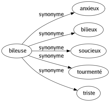 Synonyme de Bileuse : Anxieux Bilieux Soucieux Tourmenté Triste 