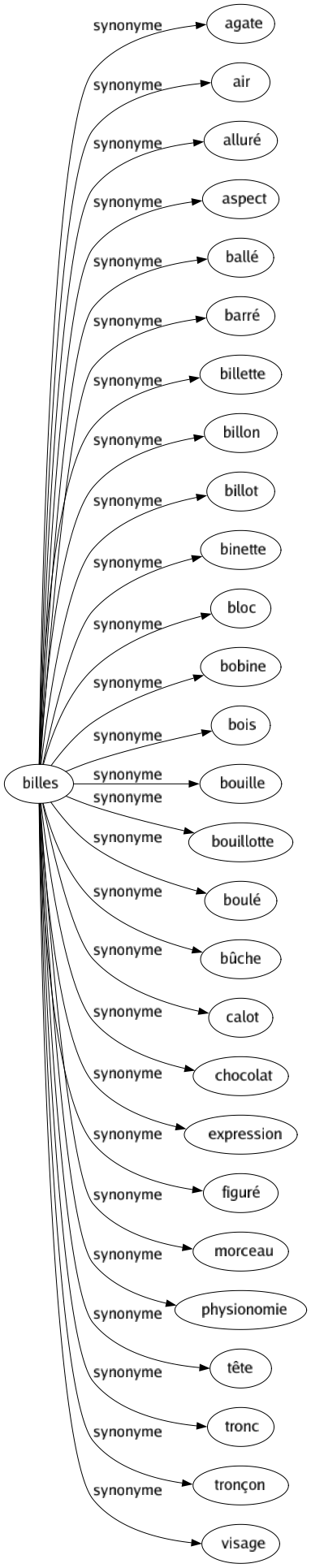 Synonyme de Billes : Agate Air Alluré Aspect Ballé Barré Billette Billon Billot Binette Bloc Bobine Bois Bouille Bouillotte Boulé Bûche Calot Chocolat Expression Figuré Morceau Physionomie Tête Tronc Tronçon Visage 