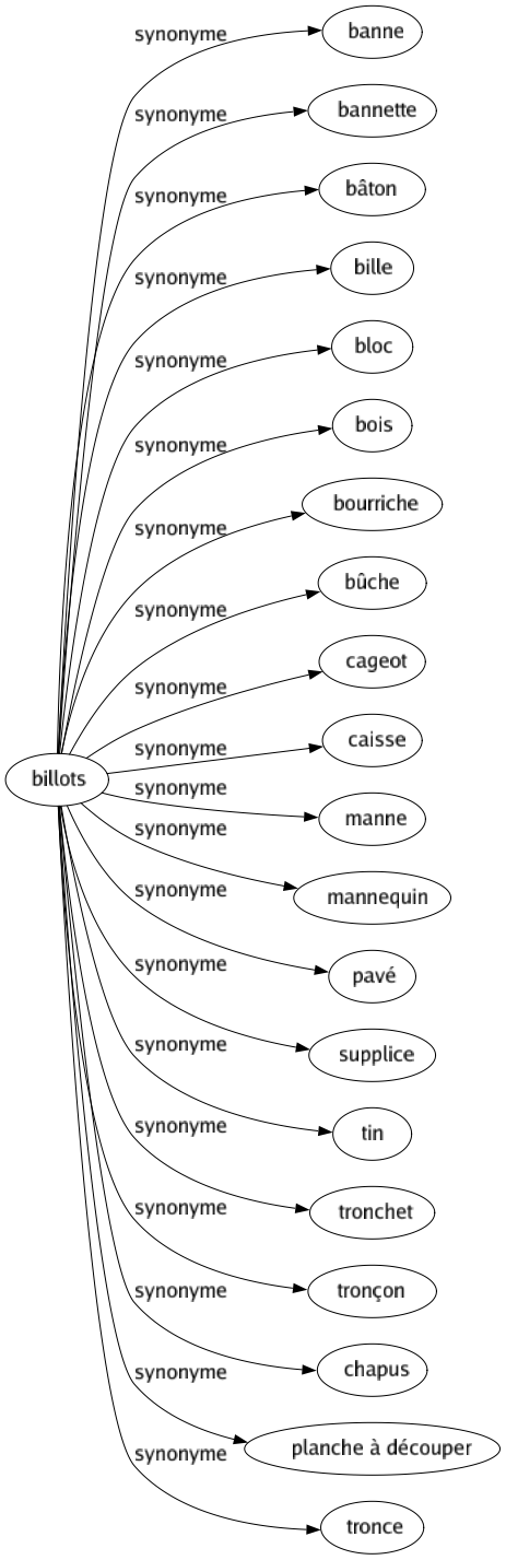 Synonyme de Billots : Banne Bannette Bâton Bille Bloc Bois Bourriche Bûche Cageot Caisse Manne Mannequin Pavé Supplice Tin Tronchet Tronçon Chapus Planche à découper Tronce 