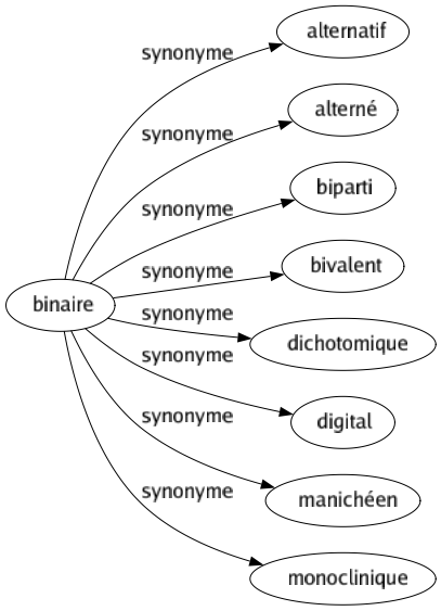 Synonyme de Binaire : Alternatif Alterné Biparti Bivalent Dichotomique Digital Manichéen Monoclinique 