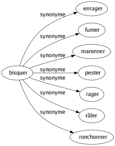 Synonyme de Bisquer : Enrager Fumer Maronner Pester Rager Râler Ronchonner 