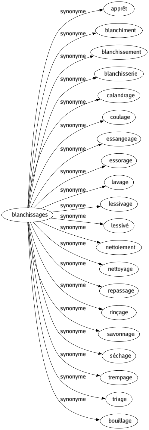 Synonyme de Blanchissages : Apprêt Blanchiment Blanchissement Blanchisserie Calandrage Coulage Essangeage Essorage Lavage Lessivage Lessivé Nettoiement Nettoyage Repassage Rinçage Savonnage Séchage Trempage Triage Bouillage 