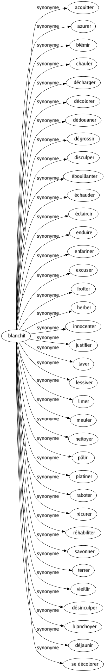 Synonyme de Blanchit : Acquitter Azurer Blêmir Chauler Décharger Décolorer Dédouaner Dégrossir Disculper Ébouillanter Échauder Éclaircir Enduire Enfariner Excuser Frotter Herber Innocenter Justifier Laver Lessiver Limer Meuler Nettoyer Pâlir Platiner Raboter Récurer Réhabiliter Savonner Terrer Vieillir Désinculper Blanchoyer Déjaunir Se décolorer 