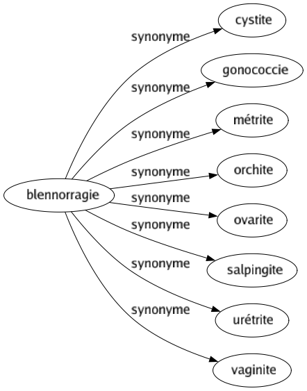 Synonyme de Blennorragie : Cystite Gonococcie Métrite Orchite Ovarite Salpingite Urétrite Vaginite 