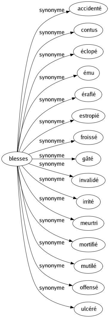 Synonyme de Blesses : Accidenté Contus Éclopé Ému Éraflé Estropié Froissé Gâté Invalidé Irrité Meurtri Mortifié Mutilé Offensé Ulcéré 