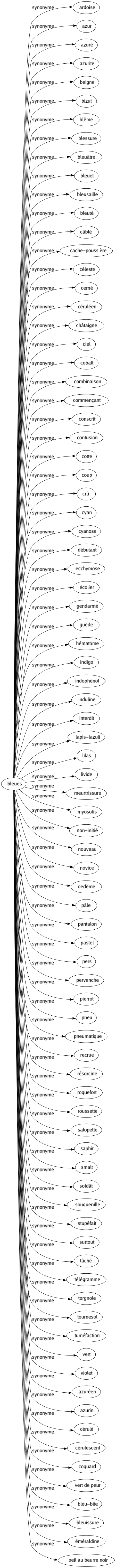 Synonyme de Bleues : Ardoise Azur Azuré Azurite Beigne Bizut Blême Blessure Bleuâtre Bleuet Bleusaille Bleuté Câblé Cache-poussière Céleste Cerné Céruléen Châtaigne Ciel Cobalt Combinaison Commençant Conscrit Contusion Cotte Coup Crû Cyan Cyanose Débutant Ecchymose Écolier Gendarmé Guède Hématome Indigo Indophénol Induline Interdit Lapis-lazuli Lilas Livide Meurtrissure Myosotis Non-initié Nouveau Novice Oedème Pâle Pantalon Pastel Pers Pervenche Pierrot Pneu Pneumatique Recrue Résorcine Roquefort Roussette Salopette Saphir Smalt Soldât Souquenille Stupéfait Surtout Tâché Télégramme Torgnole Tournesol Tuméfaction Vert Violet Azuréen Azurin Cérulé Cérulescent Coquard Vert de peur Bleu-bite Bleuissure Éméraldine Oeil au beurre noir 