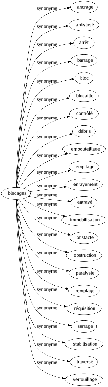 Synonyme de Blocages : Ancrage Ankylosé Arrêt Barrage Bloc Blocaille Contrôlé Débris Embouteillage Empilage Enrayement Entravé Immobilisation Obstacle Obstruction Paralysie Remplage Réquisition Serrage Stabilisation Traversé Verrouillage 