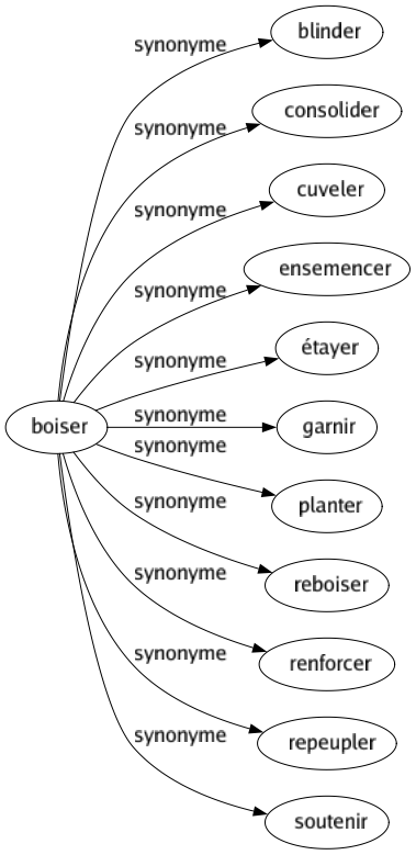 Synonyme de Boiser : Blinder Consolider Cuveler Ensemencer Étayer Garnir Planter Reboiser Renforcer Repeupler Soutenir 