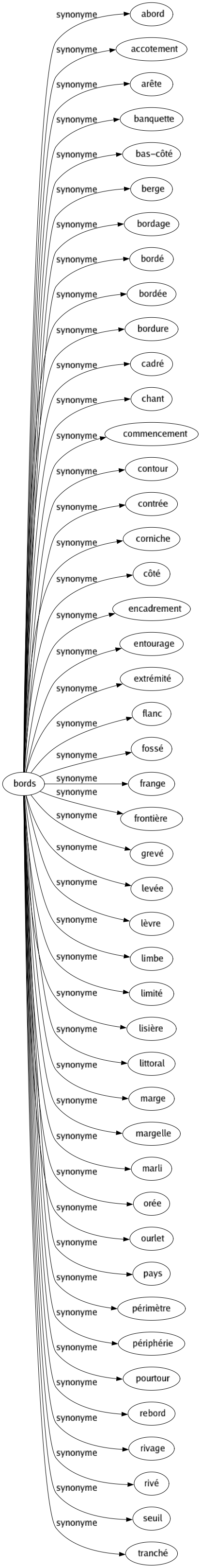 Synonyme de Bords : Abord Accotement Arête Banquette Bas-côté Berge Bordage Bordé Bordée Bordure Cadré Chant Commencement Contour Contrée Corniche Côté Encadrement Entourage Extrémité Flanc Fossé Frange Frontière Grevé Levée Lèvre Limbe Limité Lisière Littoral Marge Margelle Marli Orée Ourlet Pays Périmètre Périphérie Pourtour Rebord Rivage Rivé Seuil Tranché 