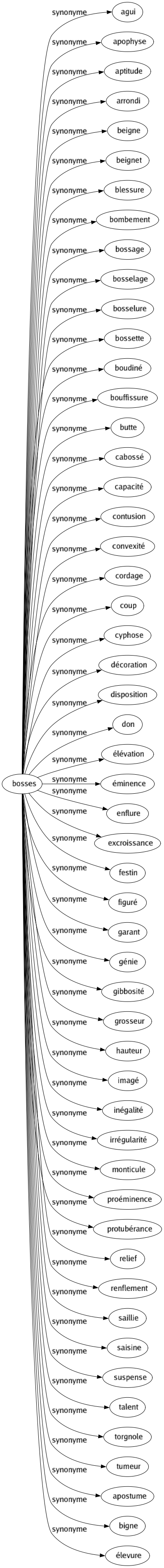 Synonyme de Bosses : Agui Apophyse Aptitude Arrondi Beigne Beignet Blessure Bombement Bossage Bosselage Bosselure Bossette Boudiné Bouffissure Butte Cabossé Capacité Contusion Convexité Cordage Coup Cyphose Décoration Disposition Don Élévation Éminence Enflure Excroissance Festin Figuré Garant Génie Gibbosité Grosseur Hauteur Imagé Inégalité Irrégularité Monticule Proéminence Protubérance Relief Renflement Saillie Saisine Suspense Talent Torgnole Tumeur Apostume Bigne Élevure 