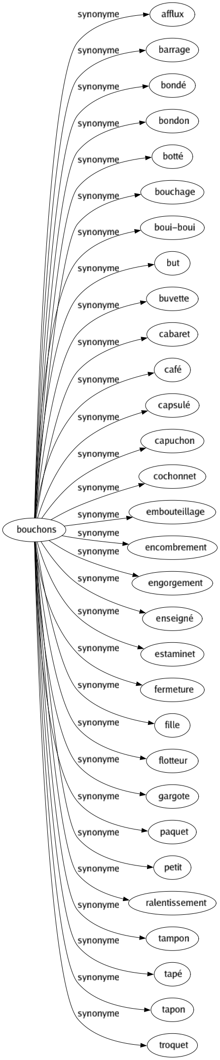 Synonyme de Bouchons : Afflux Barrage Bondé Bondon Botté Bouchage Boui-boui But Buvette Cabaret Café Capsulé Capuchon Cochonnet Embouteillage Encombrement Engorgement Enseigné Estaminet Fermeture Fille Flotteur Gargote Paquet Petit Ralentissement Tampon Tapé Tapon Troquet 