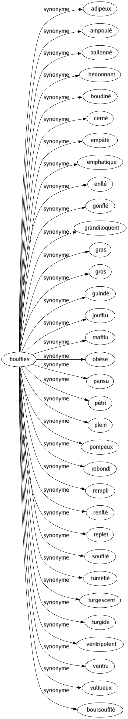 Synonyme de Bouffies : Adipeux Ampoulé Ballonné Bedonnant Boudiné Cerné Empâté Emphatique Enflé Gonflé Grandiloquent Gras Gros Guindé Joufflu Mafflu Obèse Pansu Pétri Plein Pompeux Rebondi Rempli Renflé Replet Soufflé Tuméfié Turgescent Turgide Ventripotent Ventru Vultueux Boursoufflé 