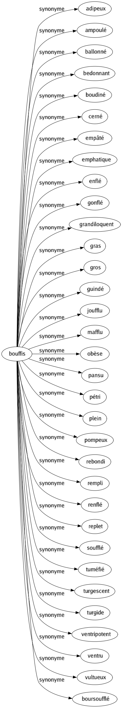 Synonyme de Bouffis : Adipeux Ampoulé Ballonné Bedonnant Boudiné Cerné Empâté Emphatique Enflé Gonflé Grandiloquent Gras Gros Guindé Joufflu Mafflu Obèse Pansu Pétri Plein Pompeux Rebondi Rempli Renflé Replet Soufflé Tuméfié Turgescent Turgide Ventripotent Ventru Vultueux Boursoufflé 