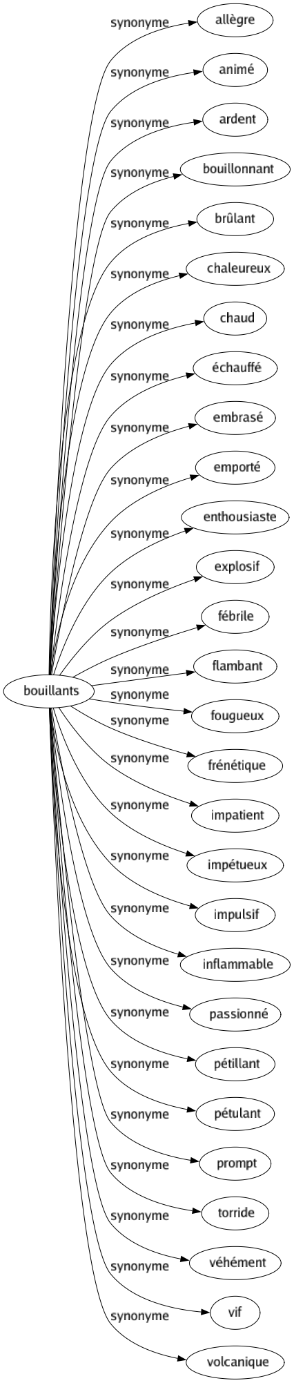 Synonyme de Bouillants : Allègre Animé Ardent Bouillonnant Brûlant Chaleureux Chaud Échauffé Embrasé Emporté Enthousiaste Explosif Fébrile Flambant Fougueux Frénétique Impatient Impétueux Impulsif Inflammable Passionné Pétillant Pétulant Prompt Torride Véhément Vif Volcanique 