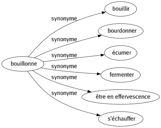 Synonyme de Bouillonne : Bouillir Bourdonner Écumer Fermenter Être en effervescence S'échauffer 