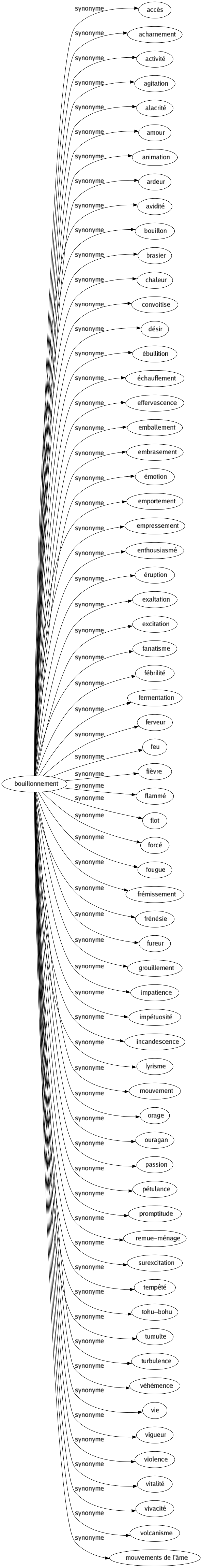 Synonyme de Bouillonnement : Accès Acharnement Activité Agitation Alacrité Amour Animation Ardeur Avidité Bouillon Brasier Chaleur Convoitise Désir Ébullition Échauffement Effervescence Emballement Embrasement Émotion Emportement Empressement Enthousiasmé Éruption Exaltation Excitation Fanatisme Fébrilité Fermentation Ferveur Feu Fièvre Flammé Flot Forcé Fougue Frémissement Frénésie Fureur Grouillement Impatience Impétuosité Incandescence Lyrisme Mouvement Orage Ouragan Passion Pétulance Promptitude Remue-ménage Surexcitation Tempêté Tohu-bohu Tumulte Turbulence Véhémence Vie Vigueur Violence Vitalité Vivacité Volcanisme Mouvements de l'âme 