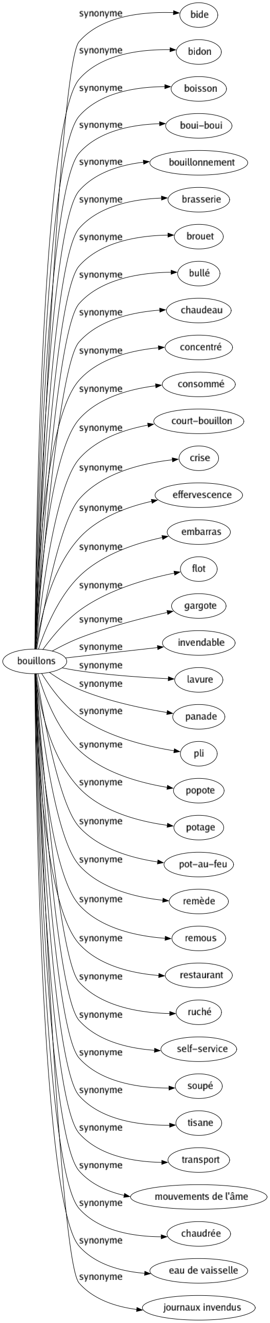 Synonyme de Bouillons : Bide Bidon Boisson Boui-boui Bouillonnement Brasserie Brouet Bullé Chaudeau Concentré Consommé Court-bouillon Crise Effervescence Embarras Flot Gargote Invendable Lavure Panade Pli Popote Potage Pot-au-feu Remède Remous Restaurant Ruché Self-service Soupé Tisane Transport Mouvements de l'âme Chaudrée Eau de vaisselle Journaux invendus 