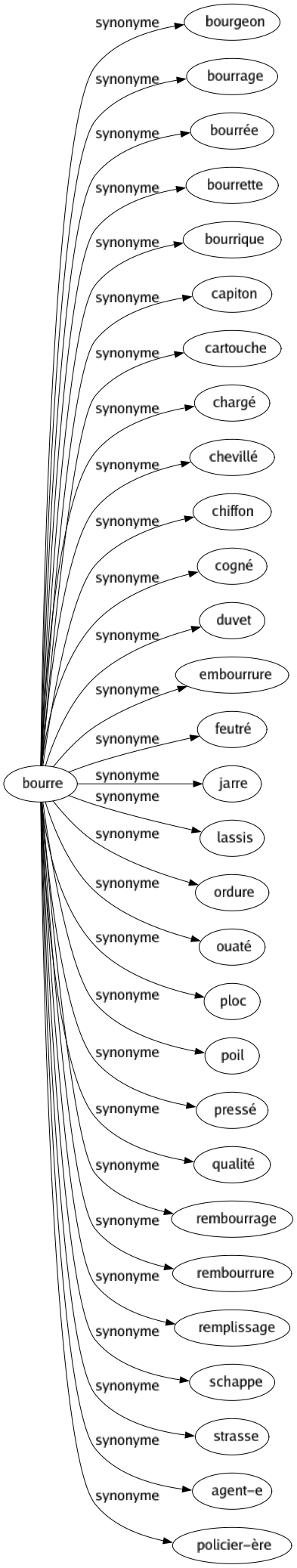 Synonyme de Bourre : Bourgeon Bourrage Bourrée Bourrette Bourrique Capiton Cartouche Chargé Chevillé Chiffon Cogné Duvet Embourrure Feutré Jarre Lassis Ordure Ouaté Ploc Poil Pressé Qualité Rembourrage Rembourrure Remplissage Schappe Strasse Agent-e Policier-ère 