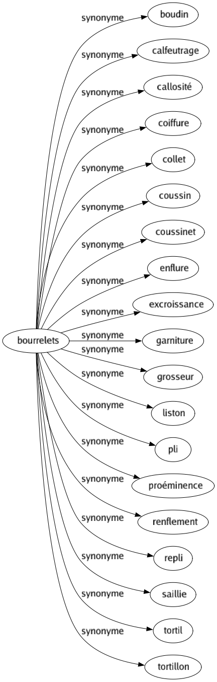 Synonyme de Bourrelets : Boudin Calfeutrage Callosité Coiffure Collet Coussin Coussinet Enflure Excroissance Garniture Grosseur Liston Pli Proéminence Renflement Repli Saillie Tortil Tortillon 