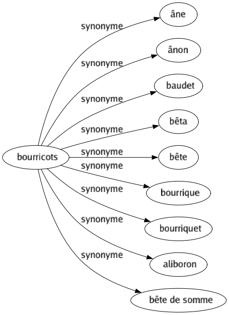 Synonyme de Bourricots : Âne Ânon Baudet Bêta Bête Bourrique Bourriquet Aliboron Bête de somme 