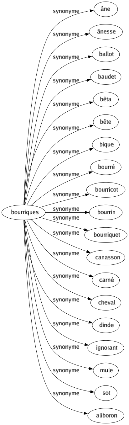 Synonyme de Bourriques : Âne Ânesse Ballot Baudet Bêta Bête Bique Bourré Bourricot Bourrin Bourriquet Canasson Carné Cheval Dinde Ignorant Mule Sot Aliboron 