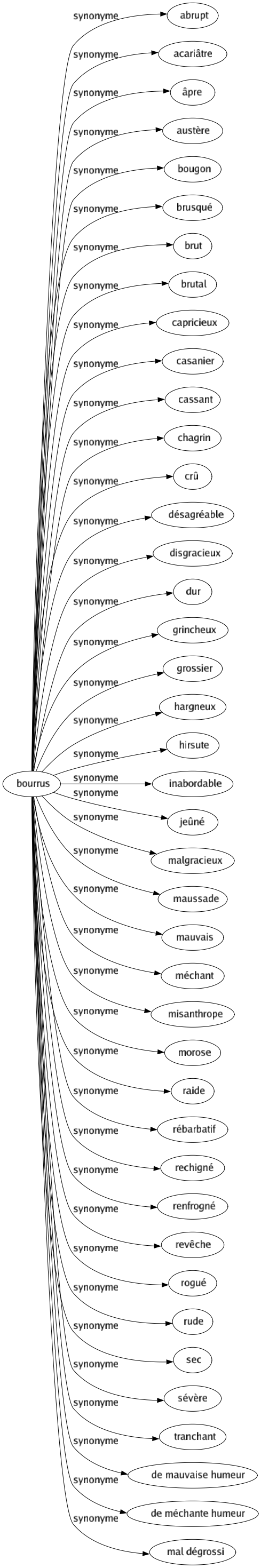 Synonyme de Bourrus : Abrupt Acariâtre Âpre Austère Bougon Brusqué Brut Brutal Capricieux Casanier Cassant Chagrin Crû Désagréable Disgracieux Dur Grincheux Grossier Hargneux Hirsute Inabordable Jeûné Malgracieux Maussade Mauvais Méchant Misanthrope Morose Raide Rébarbatif Rechigné Renfrogné Revêche Rogué Rude Sec Sévère Tranchant De mauvaise humeur De méchante humeur Mal dégrossi 