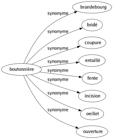 Synonyme de Boutonnière : Brandebourg Bridé Coupure Entaillé Fente Incision Oeillet Ouverture 