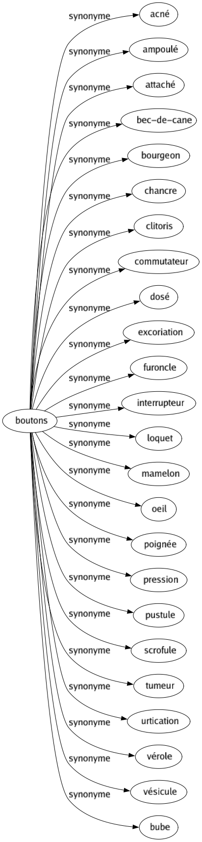 Synonyme de Boutons : Acné Ampoulé Attaché Bec-de-cane Bourgeon Chancre Clitoris Commutateur Dosé Excoriation Furoncle Interrupteur Loquet Mamelon Oeil Poignée Pression Pustule Scrofule Tumeur Urtication Vérole Vésicule Bube 