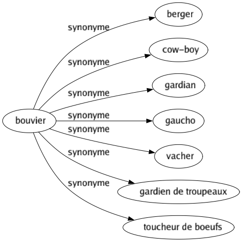 Synonyme de Bouvier : Berger Cow-boy Gardian Gaucho Vacher Gardien de troupeaux Toucheur de boeufs 