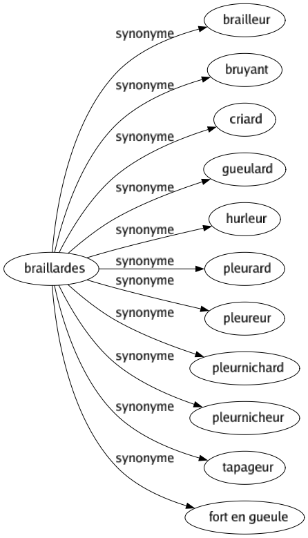 Synonyme de Braillardes : Brailleur Bruyant Criard Gueulard Hurleur Pleurard Pleureur Pleurnichard Pleurnicheur Tapageur Fort en gueule 