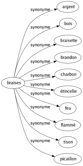 Synonyme de Braises : Argent Bois Braisette Brandon Charbon Étincelle Feu Flammé Tison Picaillon 