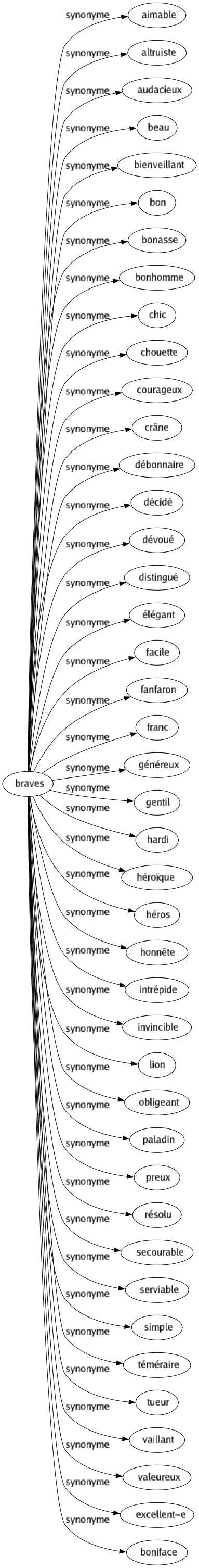 Synonyme de Braves : Aimable Altruiste Audacieux Beau Bienveillant Bon Bonasse Bonhomme Chic Chouette Courageux Crâne Débonnaire Décidé Dévoué Distingué Élégant Facile Fanfaron Franc Généreux Gentil Hardi Héroïque Héros Honnête Intrépide Invincible Lion Obligeant Paladin Preux Résolu Secourable Serviable Simple Téméraire Tueur Vaillant Valeureux Excellent-e Boniface 