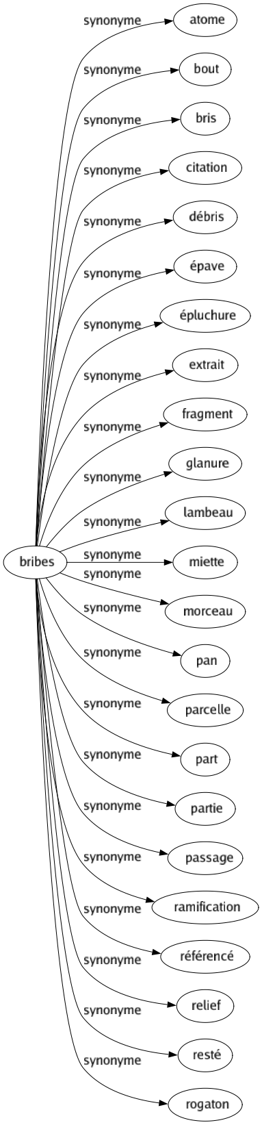 Synonyme de Bribes : Atome Bout Bris Citation Débris Épave Épluchure Extrait Fragment Glanure Lambeau Miette Morceau Pan Parcelle Part Partie Passage Ramification Référencé Relief Resté Rogaton 