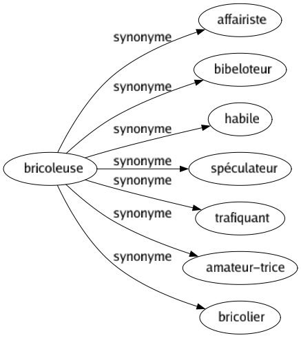 Synonyme de Bricoleuse : Affairiste Bibeloteur Habile Spéculateur Trafiquant Amateur-trice Bricolier 