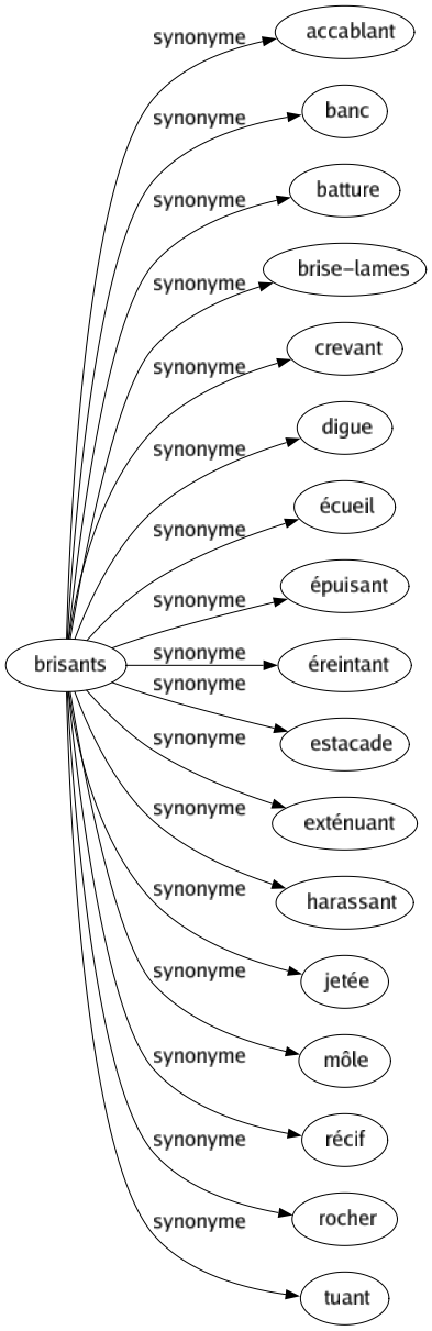 Synonyme de Brisants : Accablant Banc Batture Brise-lames Crevant Digue Écueil Épuisant Éreintant Estacade Exténuant Harassant Jetée Môle Récif Rocher Tuant 