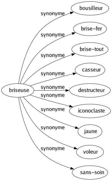 Synonyme de Briseuse : Bousilleur Brise-fer Brise-tout Casseur Destructeur Iconoclaste Jaune Voleur Sans-soin 