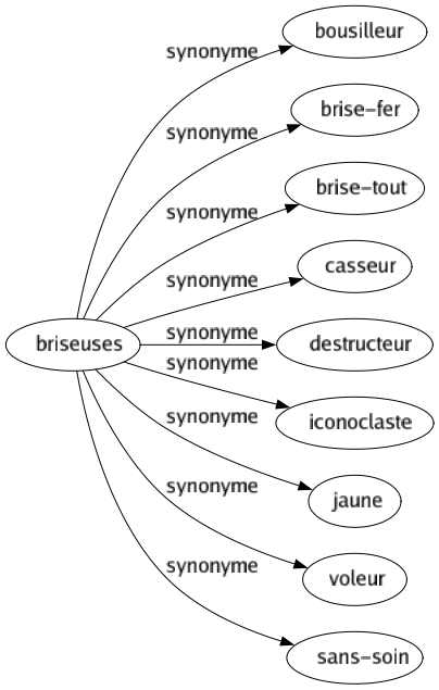 Synonyme de Briseuses : Bousilleur Brise-fer Brise-tout Casseur Destructeur Iconoclaste Jaune Voleur Sans-soin 