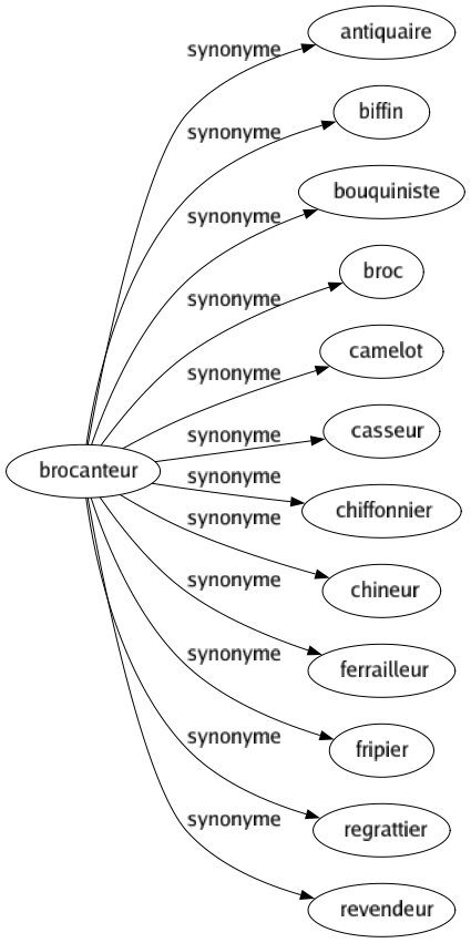 Synonyme de Brocanteur : Antiquaire Biffin Bouquiniste Broc Camelot Casseur Chiffonnier Chineur Ferrailleur Fripier Regrattier Revendeur 