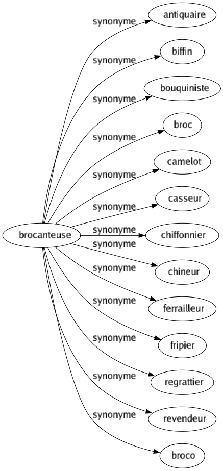 Synonyme de Brocanteuse : Antiquaire Biffin Bouquiniste Broc Camelot Casseur Chiffonnier Chineur Ferrailleur Fripier Regrattier Revendeur Broco 