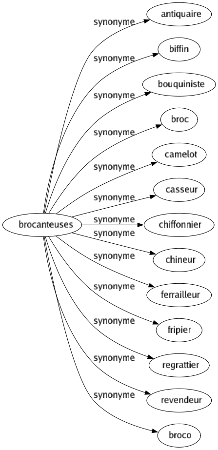 Synonyme de Brocanteuses : Antiquaire Biffin Bouquiniste Broc Camelot Casseur Chiffonnier Chineur Ferrailleur Fripier Regrattier Revendeur Broco 