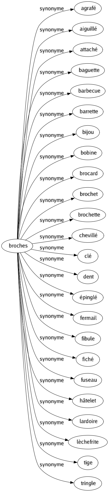 Synonyme de Broches : Agrafé Aiguillé Attaché Baguette Barbecue Barrette Bijou Bobine Brocard Brochet Brochette Chevillé Clé Dent Épinglé Fermail Fibule Fiché Fuseau Hâtelet Lardoire Lèchefrite Tige Tringle 