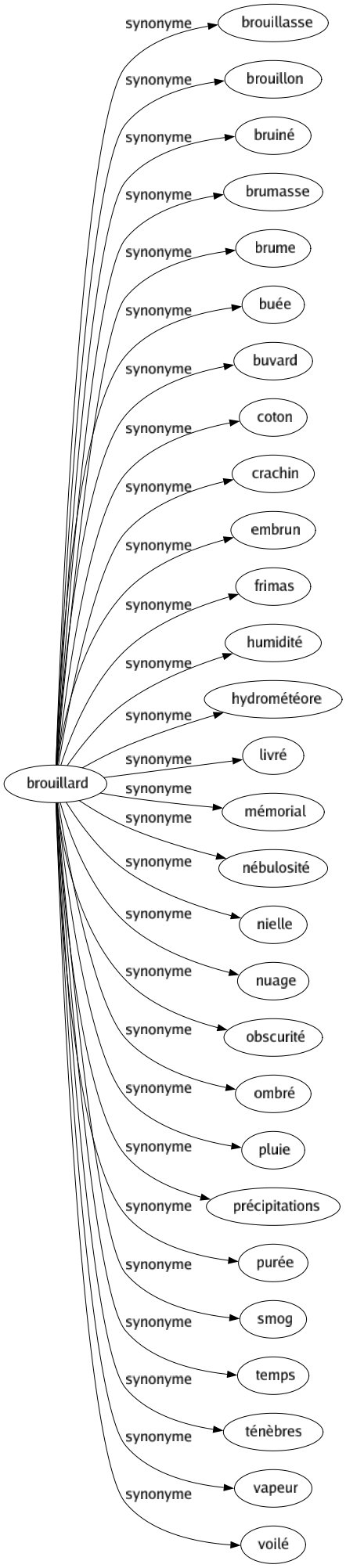 Synonyme de Brouillard : Brouillasse Brouillon Bruiné Brumasse Brume Buée Buvard Coton Crachin Embrun Frimas Humidité Hydrométéore Livré Mémorial Nébulosité Nielle Nuage Obscurité Ombré Pluie Précipitations Purée Smog Temps Ténèbres Vapeur Voilé 