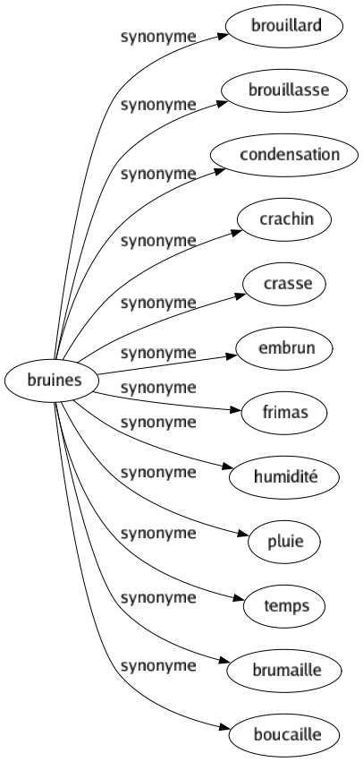 Synonyme de Bruines : Brouillard Brouillasse Condensation Crachin Crasse Embrun Frimas Humidité Pluie Temps Brumaille Boucaille 