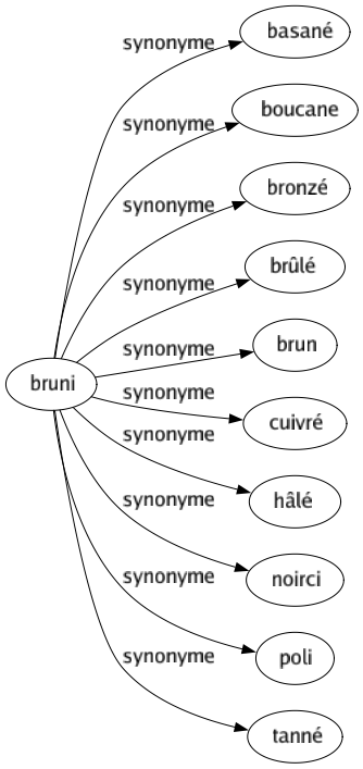 Synonyme de Bruni : Basané Boucane Bronzé Brûlé Brun Cuivré Hâlé Noirci Poli Tanné 