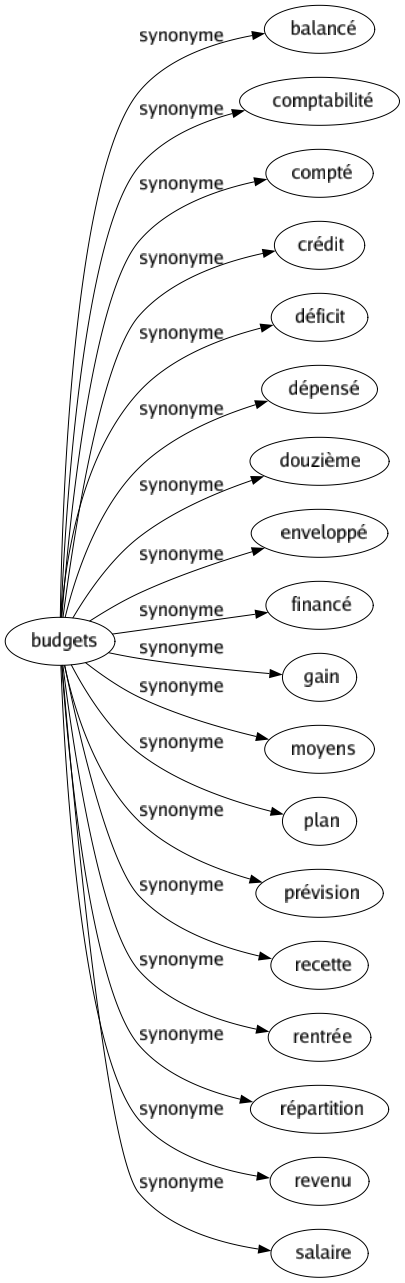 Synonyme de Budgets : Balancé Comptabilité Compté Crédit Déficit Dépensé Douzième Enveloppé Financé Gain Moyens Plan Prévision Recette Rentrée Répartition Revenu Salaire 