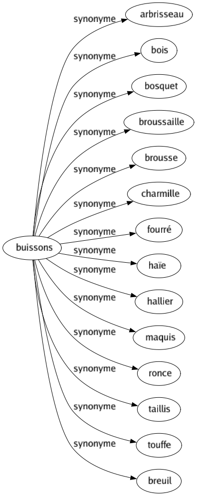 Synonyme de Buissons : Arbrisseau Bois Bosquet Broussaille Brousse Charmille Fourré Haïe Hallier Maquis Ronce Taillis Touffe Breuil 