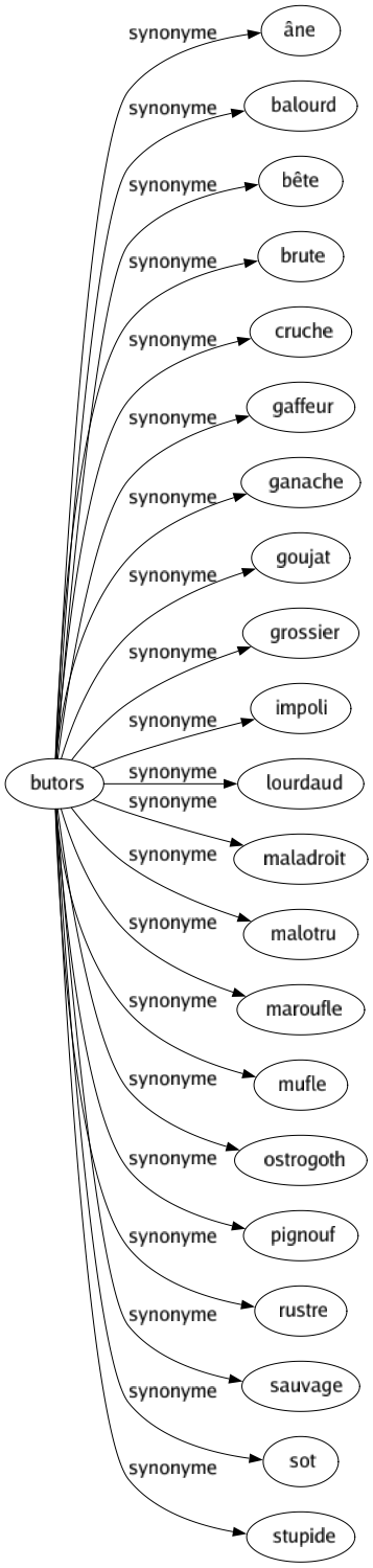 Synonyme de Butors : Âne Balourd Bête Brute Cruche Gaffeur Ganache Goujat Grossier Impoli Lourdaud Maladroit Malotru Maroufle Mufle Ostrogoth Pignouf Rustre Sauvage Sot Stupide 